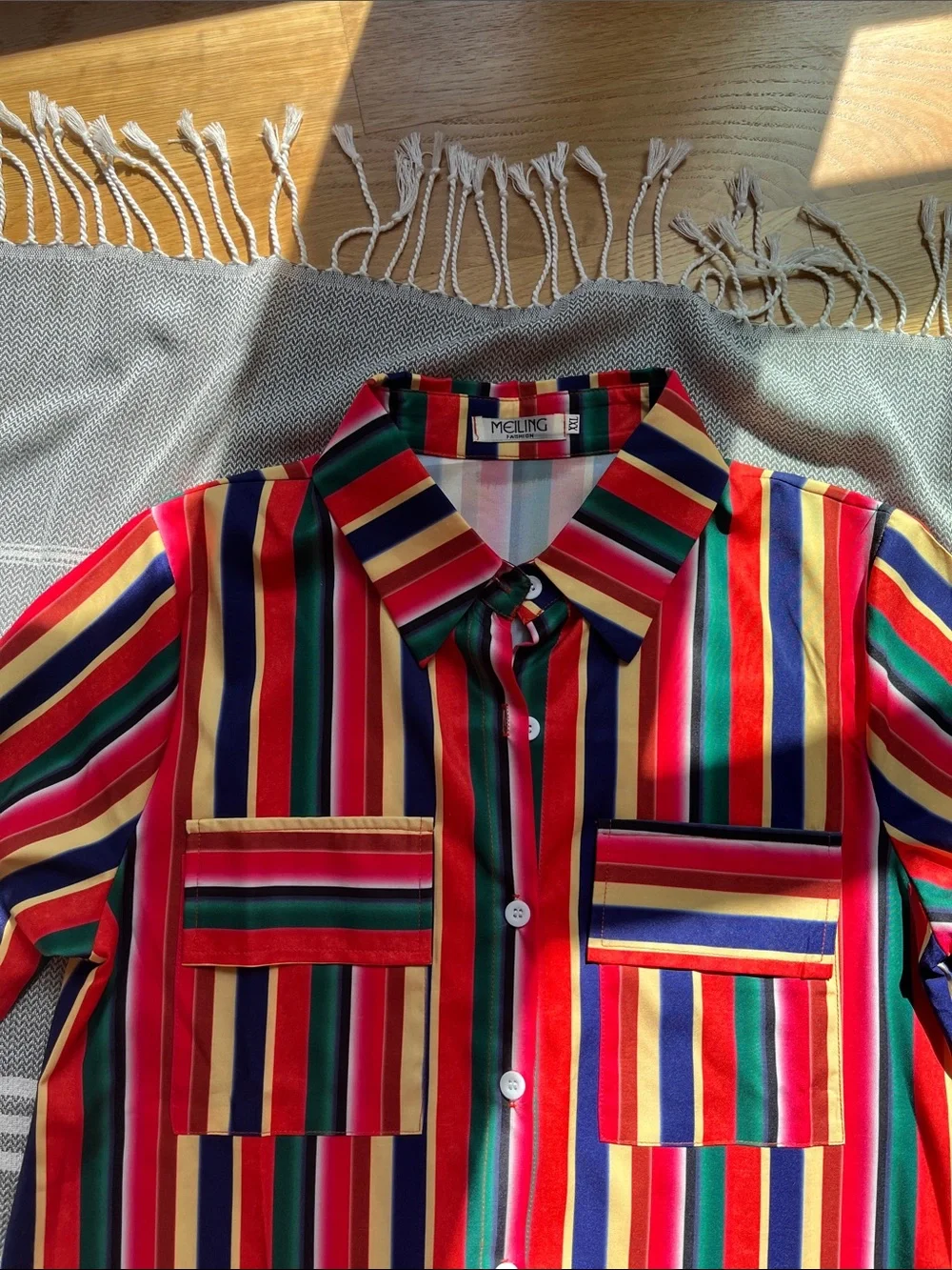 Striped Maxi Shirt Dress in Red, Green & Navy - Picture 3 of 10